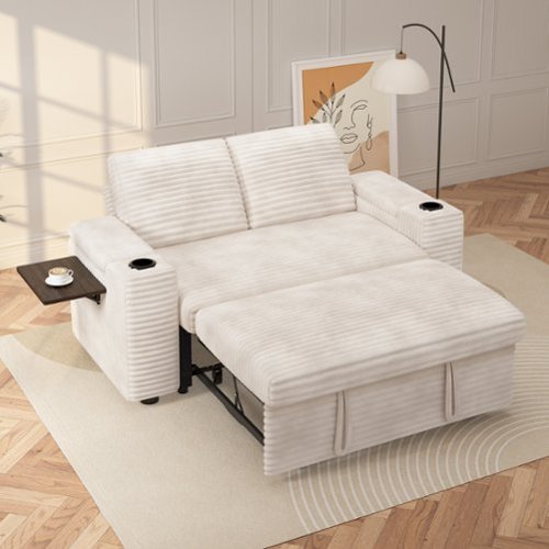 Vipbear - 65" Loveseat Sleeper Sofa Pull-Out Bed ,Reclining Backrest, USB Ports, Side Table,Corduroy Beige - Beige-Front_Standard 