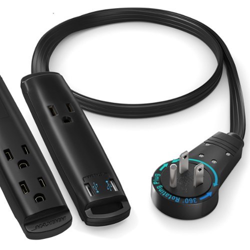 Maximm - Extension Cord with USB Ports 1FT, 360° Rotating Flat Plug, 3-Outlet with USB Ports (2 Ports), 3 Prong, UL Certified - Black-Front_Standard 
