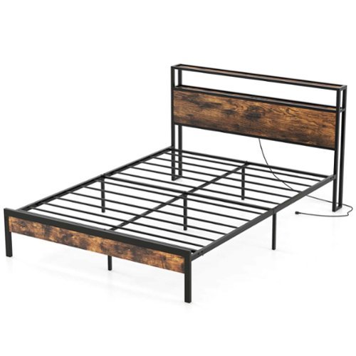 Costway - Queen Bed Frame with Storage Headboard Charging Station 18W USB C Port Rustic - Brown-Front_Standard 