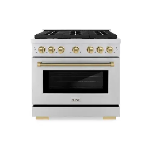Front. ZLINE - ZLINE Autograph 36 in. 5.2 cu. ft. Freestanding Paramount Dual Fuel Range in Stainless Steel with Bronze Helix Handle - Stainless Steel.