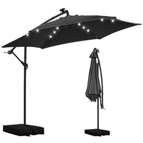 Ainfox - 10FT Outdoor Patio Umbrella Hanging Offset with Cross Base Sand Bags & 32 LED Solar Lights - Black-Front_Standard 