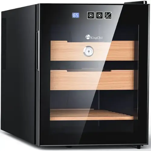 Front. KingChii - 48L Cigar Humidor with Temperature Control, Spanish Cedar Shelves and Hygrometer(350 Capacity) - Black.