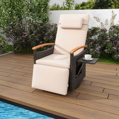 Costway Outdoor 360° Swivel Rattan Recliner Chair Patio Wicker Chaise Lounge Chair - Beige + Mix Brown