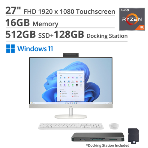 HP - 27" FHD Touch All-in-One Desktop,Ryzen 5 7520U,16GB RAM,512GB SSD+160GB Dock Set,Wireless Keyboard＆Mouse,Win 11 - White-Front_Standard 