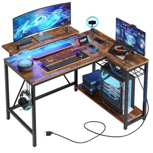 Bestier - L-Shaped Gaming Desk with Power Outlets LED Lights and Reversible Storage Shelves & Hooks - 42" Wide - Brown-Front_Standard 