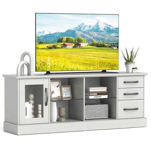 Costway - TV Stand for 73 Inches TVs 63" Entertainment Center with Glass-door Cabinet 3 Drawers - Gray-Front_Standard 