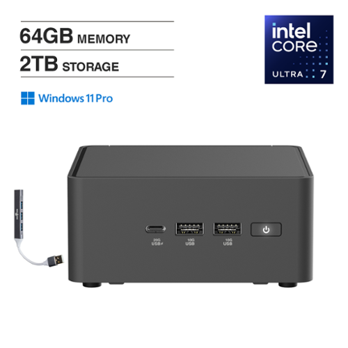 ASUS - NUC 15 Pro Mini Desktop (Intel Ultra 7-255H, 64GB DDR5, 2TB PCIe SSD, Intel Arc 140T, Win 11 Pro) w/USB Hub - Black-Front_Standard 
