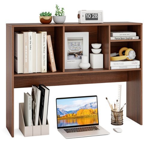 Costway - Computer Desktop Bookcase Countertop Storage Bookshelf Organizer with 4 Cubbies - Walnut-Front_Standard 