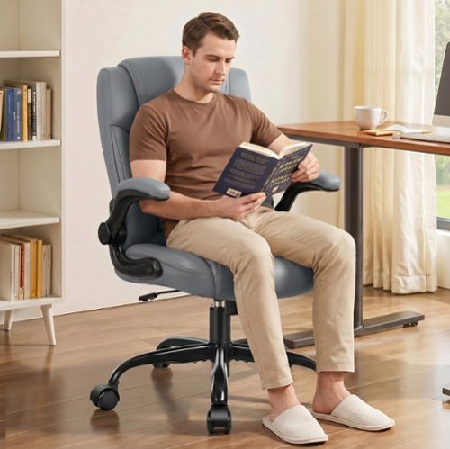 Brick Attic - Compact PU Leather Office Chair, Ergonomic Adjustable Computer Gaming Desk Chair with Flip-Up Armrest for Small Space - Gray-Front_Standard 
