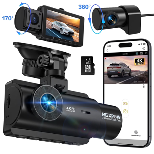 NEXPOW - 3 Channel 4K WiFi Dash Cam,Front Rear Cabin 4K+1080P+1080P,170°Wide Angle WDR Night Vision,Build-in Wifi with App-Front_Standard 