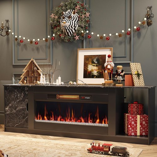 Bestier - 70" Gaming TV stand with 36" fireplace cabinets & open storage for TVs up to 75" and PS5 consoles - Black-Front_Standard 