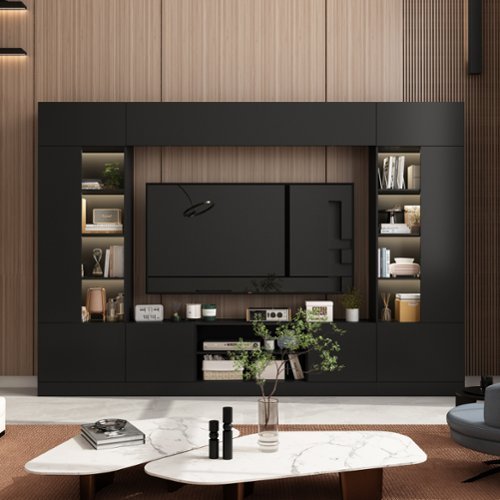 FUFU & GAGA - Entertainment Center with Surround Design for 75 Inch TVs, Media Console Adjustable Lighting, Cable Management - Black-Front_Standard 