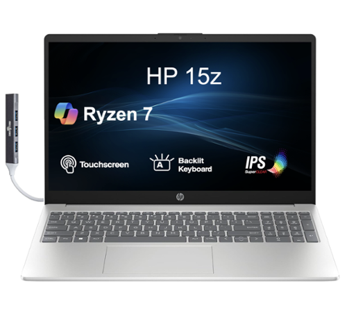 HP - 15z Laptop 15.6 FHD Display (Ryzen 7 7735HS, 32GB, 1TB SSD, AMD Radeon, Backlit KB, Win 11 Home) w/USB Hub - Silver-Front_Standard 
