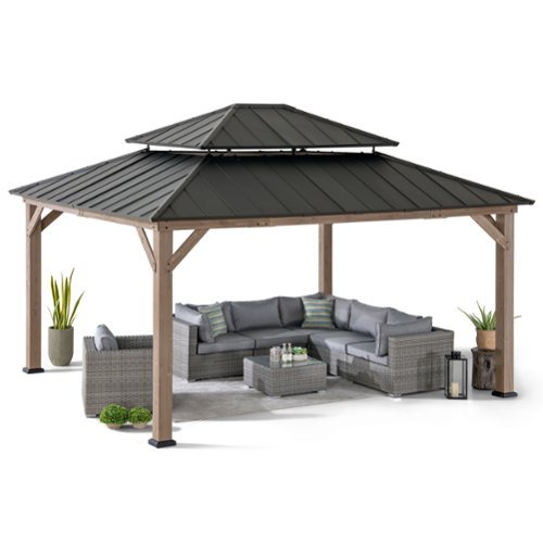 SUNJOY - 13 ft. x 15 ft. Cedar Framed Gazebo with Steel 2-tier Hip Roof Hard Top - Brown-Front_Standard 