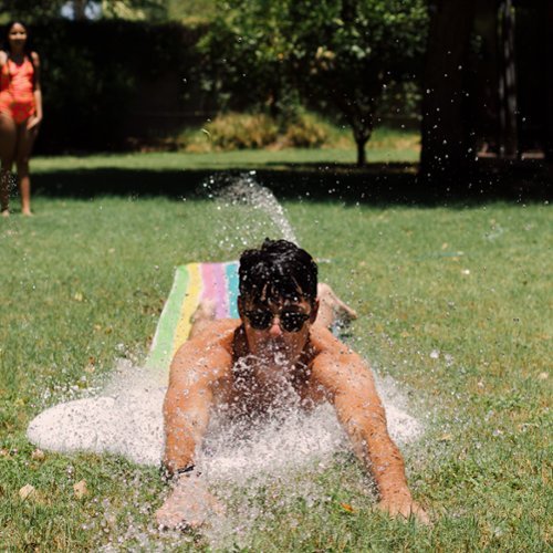 Salus Brands, LLC Rae Dunn: Splish Splash Rainbow Slide & Ride -16 Foot Water Slide Sprinkler, CocoNut Float, Durable Sliding Mat, Age 5+ HOW TO BUY