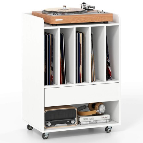 Costway - Record Player Stand with Drawer & Record Holder,Lockable Wheels for Living Room - White-Front_Standard 
