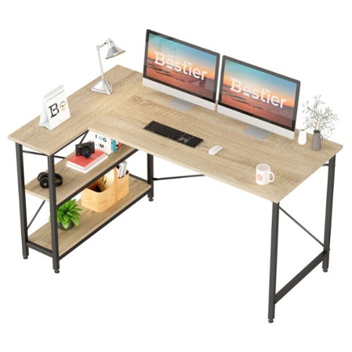 Bestier - Small L-Shaped Corner Gaming Desk with Storage Shelves - 55" Wide - Light Oak