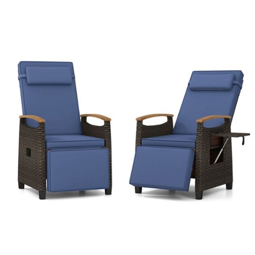Costway - 2 PCS Patio Wicker Recliner Chair with Adjustable Backrest Footrest Flip Side Table - Navy-Front_Standard 