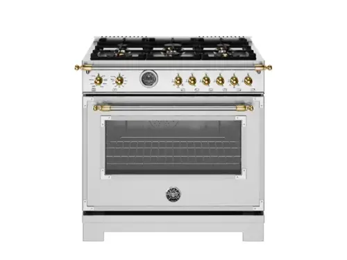 Front. Bertazzoni - 36" Heritage Series 5.7 Cu. Ft. Freestanding Dual Fuel Range - Stainless Steel/Gold - Stainless Steel.