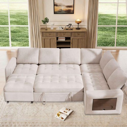 Dyonery - 7-Seat Modular Sectional Sleeper Sofa with Pull-Out Bed, Reclining Backrest, USB Ports, Table, LED Lights,Beige - Beige-Front_Standard 