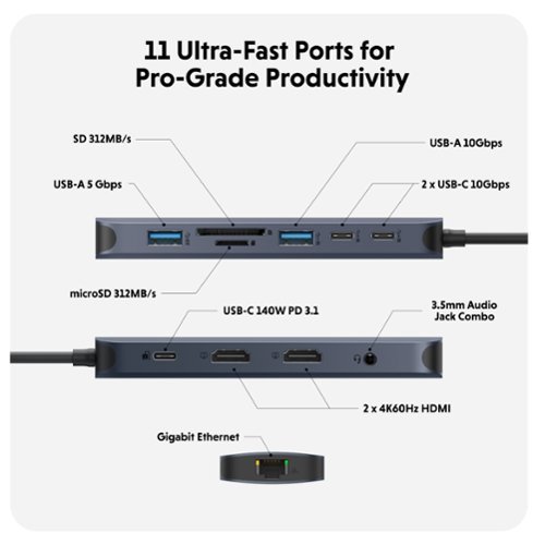 Hyper Drive Next​ 11 Port USB-C Hub, dual 4K HDMI, Ethernet, 2 USB-C, 2 USB-A, microSD/SD, travel dock for PC/Chromebook - Midnight Blue WHERE TO BUY