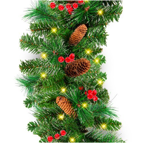 Best Choice Products - 9ft Pre-Lit Christmas Garland w/ 50 LED Lights, Silver Bristles, Pine Cones, Berries - Green/Berries - Battery-Front_Standard 