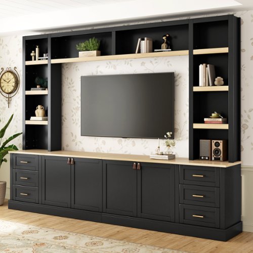 APRILSOUL - 102.3in W 4-Piece Entertainment Center Wall Unit with Adjustable Shelves Bookshelves for TVs Up to 75in 6 Drawers - Black-Front_Standard 