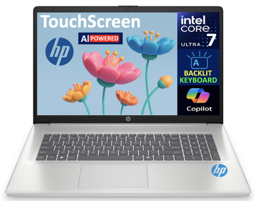 HP - 17 AI Powered Laptop 17.3" Touchscreen Display (Ultra 7-255U, 16GB DDR5, 1TB SSD, Backlit KB, WiFi 6, Win 11 Home) - Natural Silver-Front_Standard 