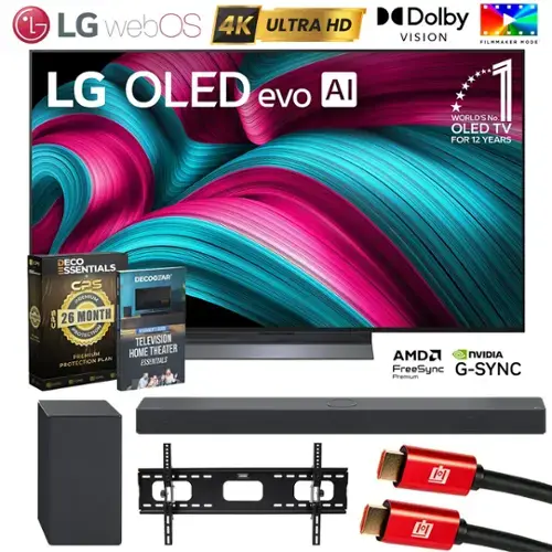 LG webOS 4K ULTRA HD LG OLED evo AI .. Dolby VISION FILMMARES MODE WORLD'S No. 1 OLEDTV TV FOR 12 YEARS O ARS D ECO  SSENTIALS DECOGEAR CPS PREMIUM CPS 26 MONTH PROTECTION RONETS AK TELEVISION PREMIUM HOME THEATER PLAN ESSENTIALS PROTECTION L o Cs AMD2 NVIDIA FreeSync G-SYNC Premium