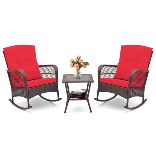 Costway 3 PCS Patio Rocker Set Outdoor Wicker Rocking Chairs with Double-Layer Coffee Table - Red