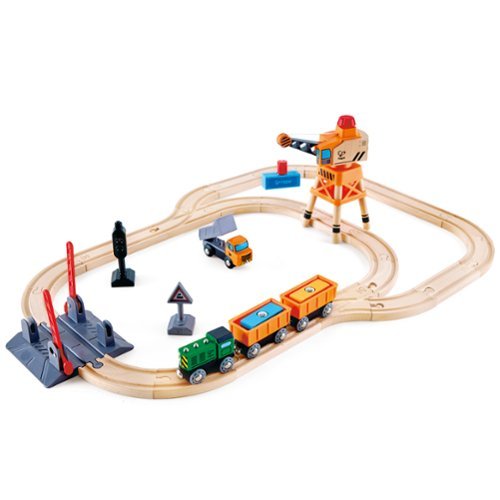 Hape - Hape: Crossing & Crane Set - 32pc Wooden Train Cargo Railroad Yard,Ages 3+