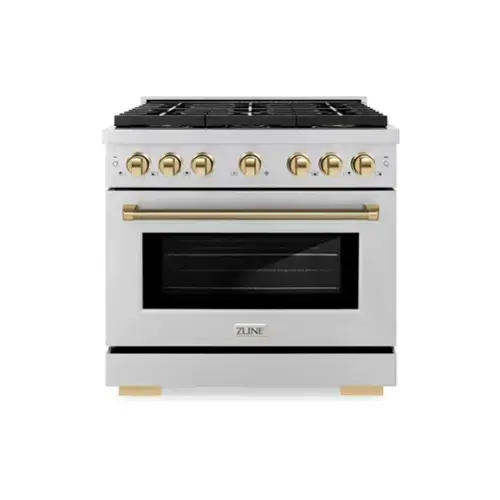 Front. ZLINE - ZLINE Autograph 36 in. 5.2 Cu. Ft. Freestanding Paramount DuoPro Gas Range in Stainless Steel with Gold Helix Handle - Stainless Steel.