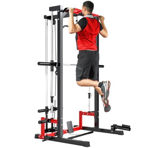 Soozier - Power Cage Smith Machine, Multi-Function Power Rack with Pull Up Bar, Lat Pull Down System, Squat Rack - Black and Red-Front_Standard 