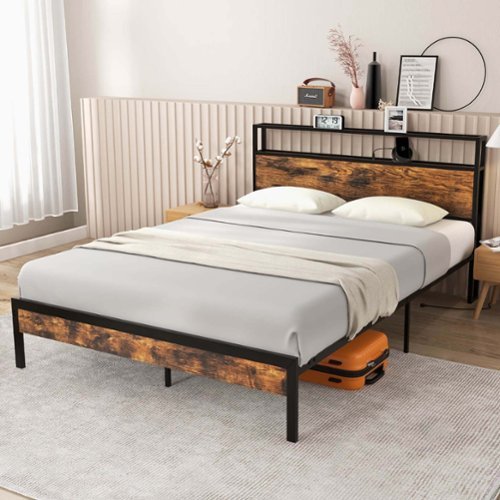 Costway Queen Bed Frame with Storage Headboard Charging Station 18W USB C Port Rustic - Brown