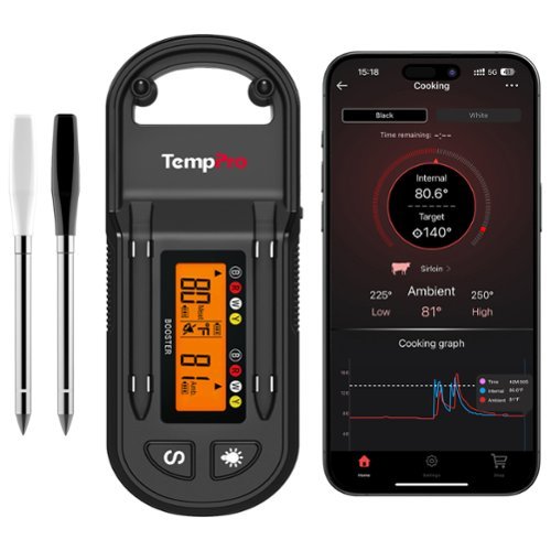  TempPro - TempSpike Plus 600 ft Wireless Meat Thermometer with Two Ultra-Thin Probes &amp; LCD Booster (Formerly ThermoPro) - Black