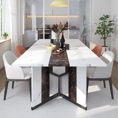 Lent Glitter Wood - 71 Inch Modern Farmhouse Dining Table for 6 Waterproof Wood Top Adjustable Legs Metal Frame Kitchen Living Room - White-Front_Standard 