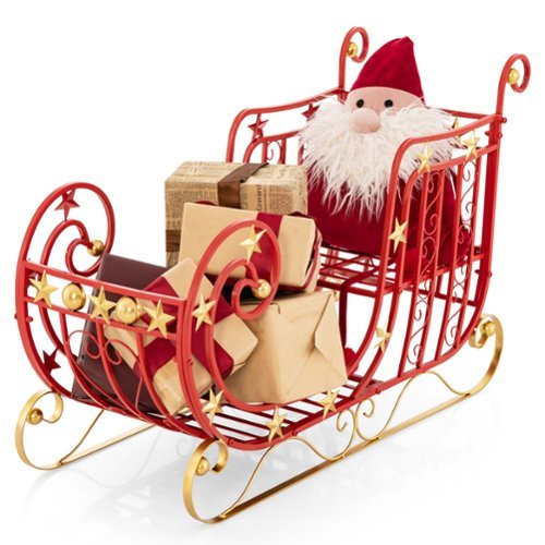 Costway Red Santa Sleigh with Large Cargo Area for Gifts Metal Christmas Holiday Decor - Red/Golden