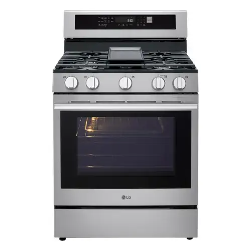 Front. LG - 30-in Wide 6.3 Cu. Ft. Freestanding Gas True Convection Smart Range with 5 Burners, Air Fry and UltraHeat 20K Burner - PrintProof Stainless Steel.