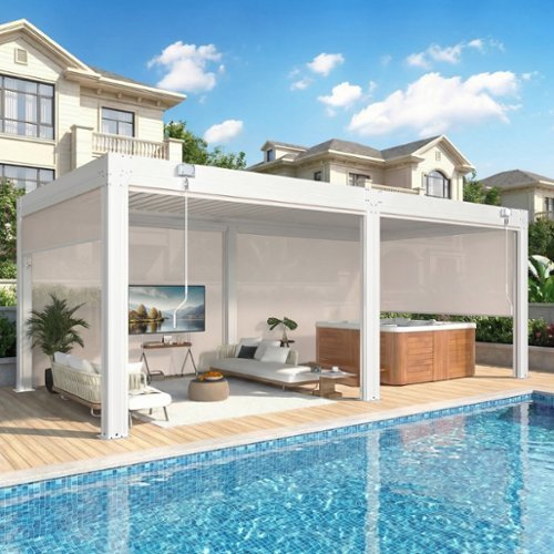 U-HOMY - 10'x20' Outdoor Louvered Pergola - Features Adjustable Aluminum Roof & Drop-Down Curtains - White-Front_Standard 