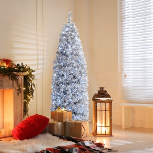 Costway - 6 FT Pre-Lit Christmas Tree Hinged Slim Pencil with 250 LED Lights 475 Branch Tips - Whit/Black