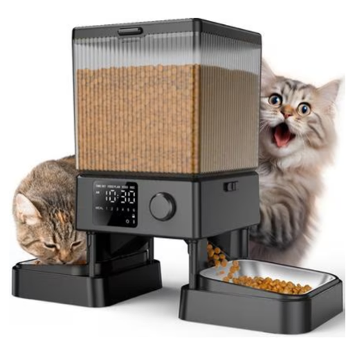 Oneisall - 5L/169oz Dual Bowl Automatic Cat Feeder, Stainless Steel,Freshness Seal,Voice Record,Dual Power Supply - Black-Front_Standard 