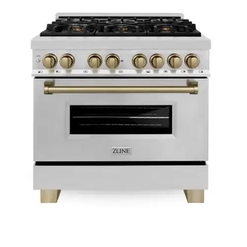 Front. ZLINE - Autograph 36" Legacy Dual Fuel Range w/ 6 Burners & Champagne Bronze Accents (RAZ-36-CB) - Stainless Steel/Champagne Bronze Accents.