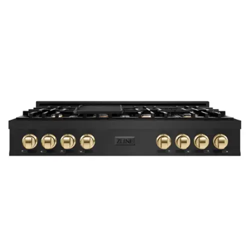 Front. ZLINE - ZLINE Autograph 48 in. Slide-In Classic Rangetop w/ 8 Burners in Black Stainless Steel & Gold Accents - Black Stainless Steel.