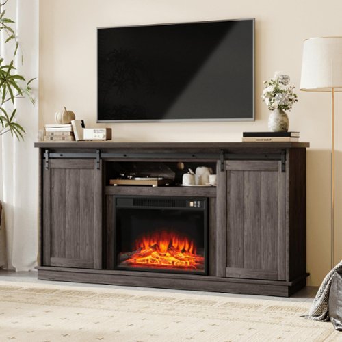 U-HOMY - 63" Farmhouse Fireplace TV Stand with Sliding Barn Doors, Adjustable Shelves and Electric Heater for TVs up to 65" - Teak-Front_Standard 