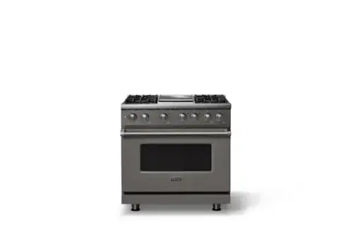 Front. Viking - 36 in. Wide 4 Burner Pro 5 Series 5.6 Cu. Ft. Freestanding Sealed Dual Fuel Convection Range/Griddle - Damascus Gray - Damascus Gray.