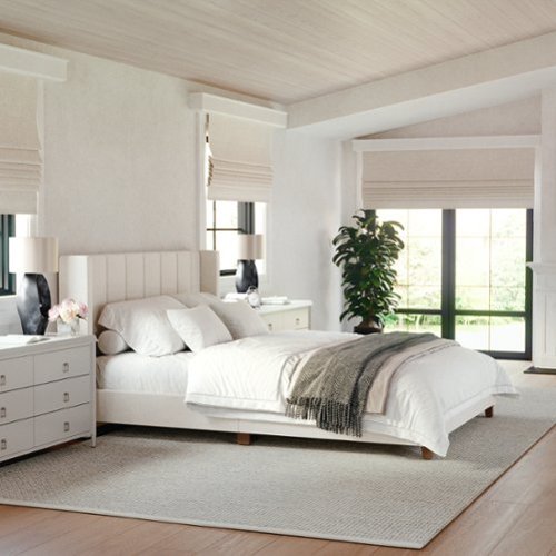 Martha Stewart - Kay Faux Linen Queen Size Platform Bed with Channel Stitched Headboard in Beige - Beige Fabric/Walnut Legs