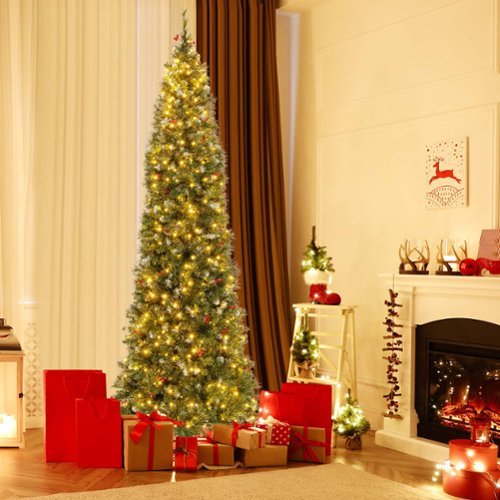 Costway - 9 FT Pre-Lit Christmas Tree Slim Pencil Hinged with 500 Lights & 1298 Branch Tips - Green/White
