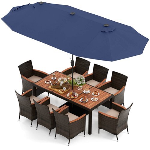 Costway - 11 PCS Patio Dining Set with 15ft Double-Sided Patio Umbrella (Base Included) - Mix Brown + Navy-Front_Standard 