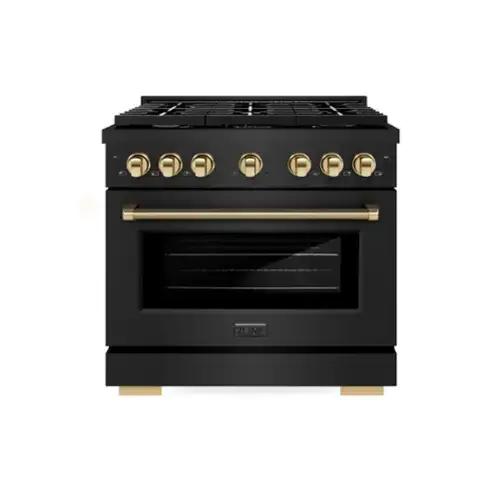Front. ZLINE - Autograph 36 in. 5.2 cu. ft. Freestanding Paramount Dual Fuel Range in Black Stainless Steel and Gold Helix Handle - Black Stainless Steel.
