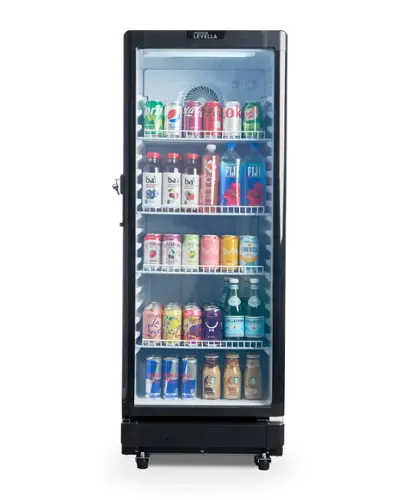 The image shows a refrigerator with a variety of drinks inside. The drinks include bottles of Fiji water, La Croix, and other beverages. The refrigerator is filled with a total of 13 bottles, each occupying different shelves. The drinks are organized in a way that allows for easy access and visibility, making it convenient for people to choose their preferred beverage.